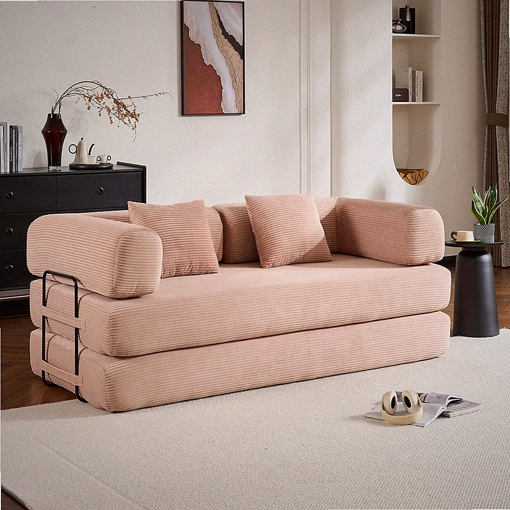 Convertible Sleeper Sofa Bed w/Cylindrical Pillow,Corduroy Folding Mattress C