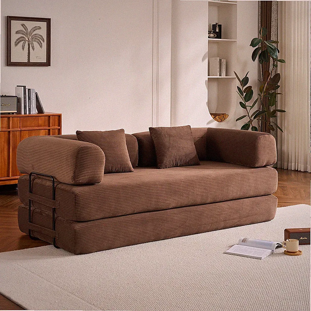 Convertible Sleeper Sofa Bed w/Cylindrical Pillow,Corduroy Folding Mattress Couc