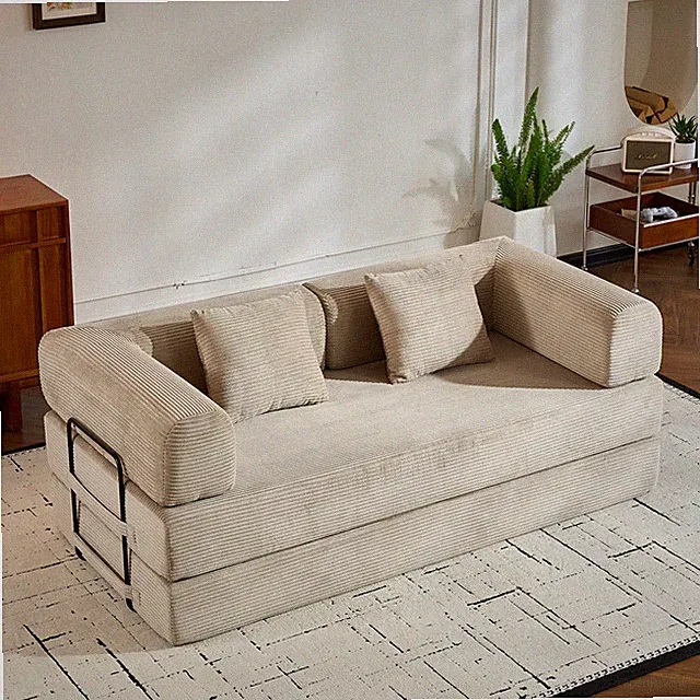 Convertible Sleeper Sofa Bed with Cylindrical Pillow, Corduroy Folding Mattress