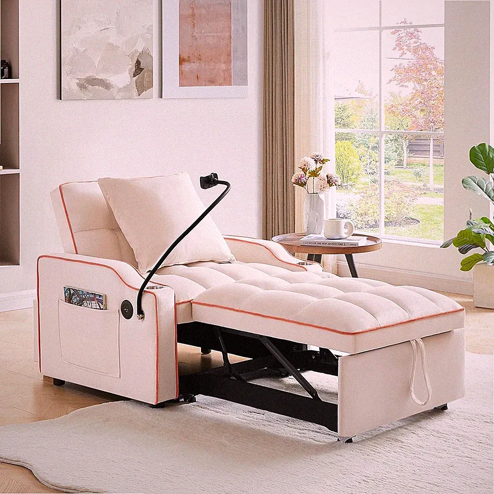 Convertible Sleeper Sofa Chair Bed with USB Ports & Phone Holder & Cup Holder