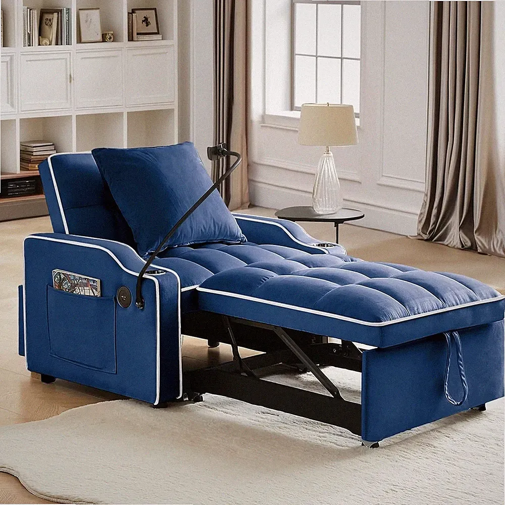 Convertible Sleeper Sofa Chair Bed with USB Ports & Phone Holder & Cup Holder