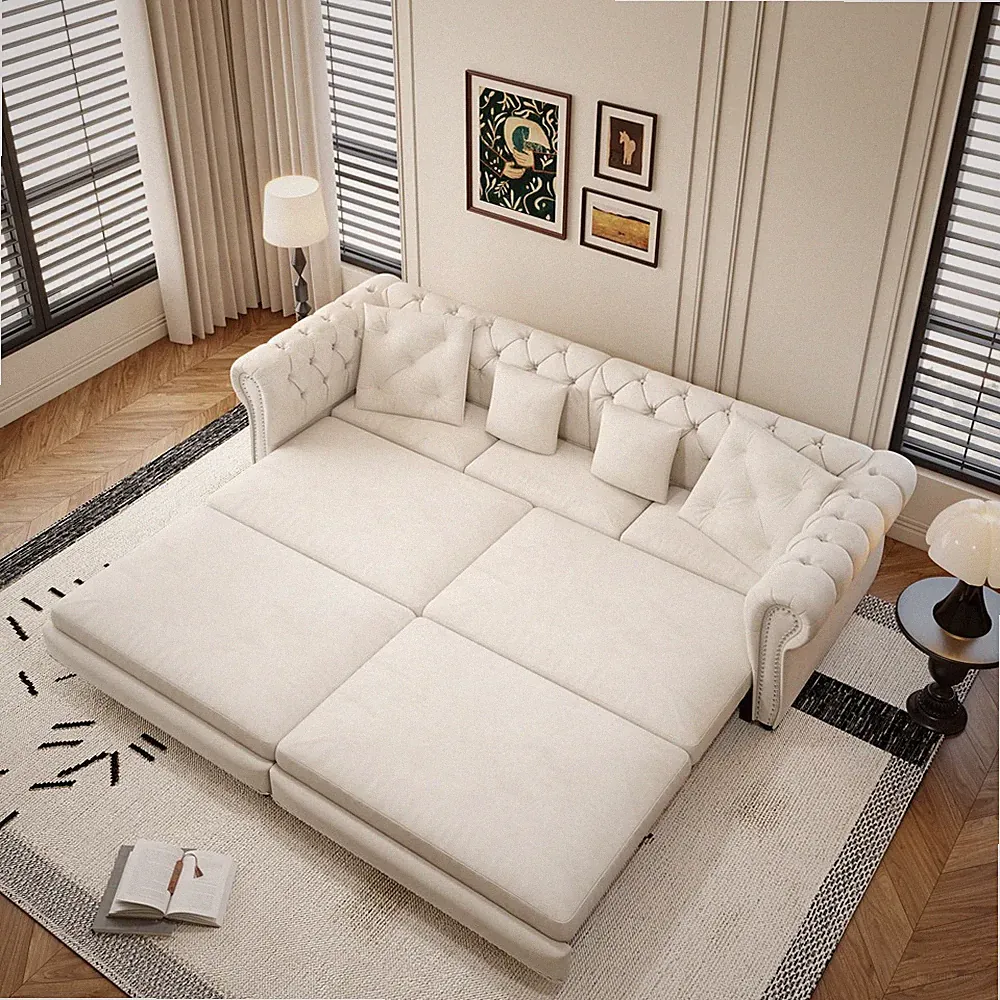 Convertible Sleeper Sofa w/Pull Out King Bed, Chesterfield Sofa Couch Chaise Bed