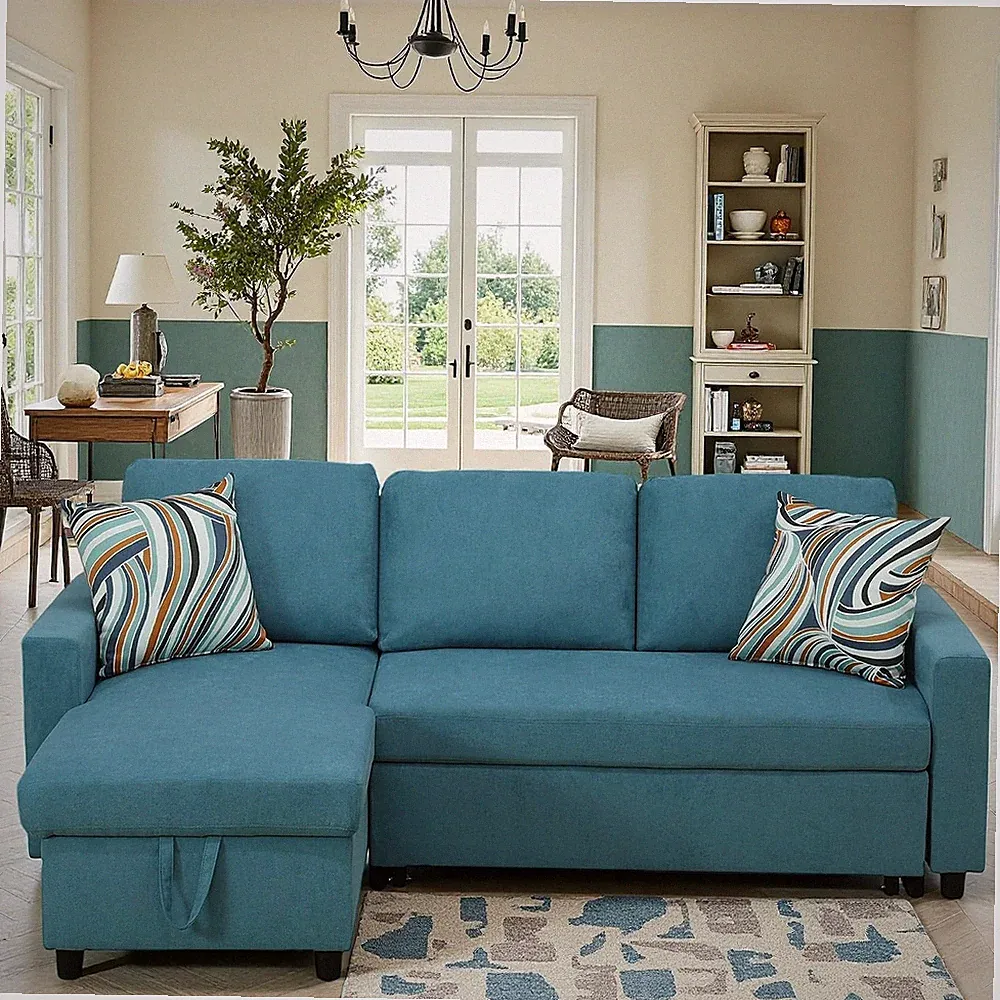 Convertible Sleeper Sofa with Storage Chaise, Blue L-Shaped Couch Bed