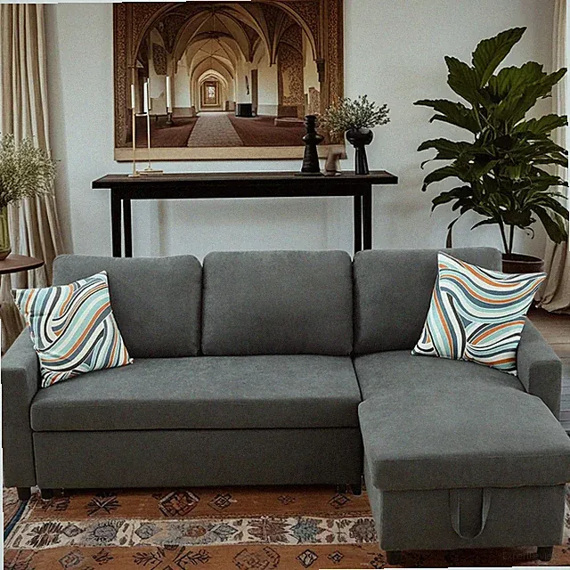Convertible Sleeper Sofa with Storage Chaise, Dark Grey L-Shaped Couch
