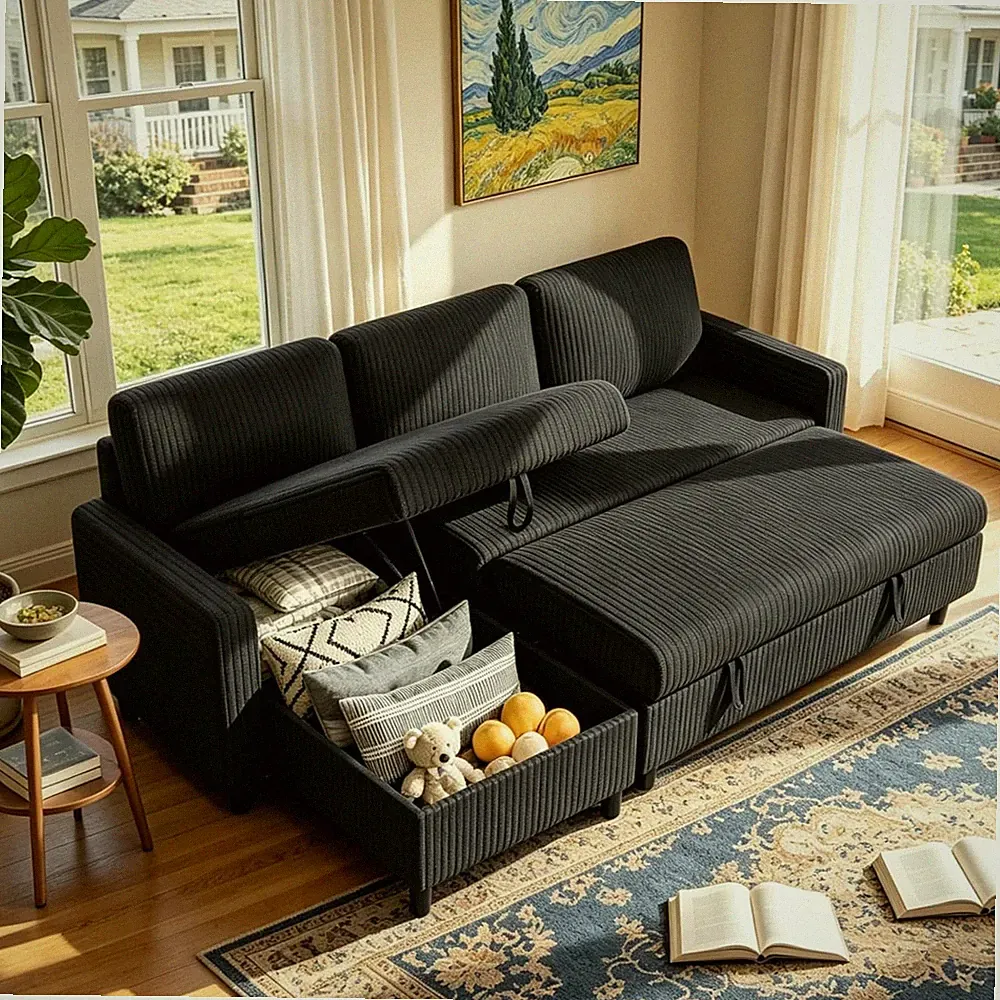 Convertible Sleeper Sofa with Storage for Small Spaces, Black Corduroy