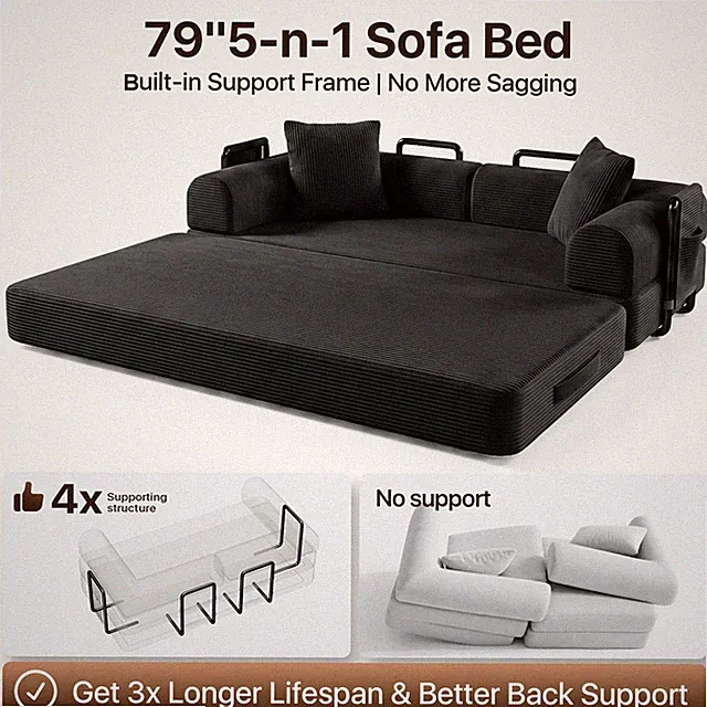 Convertible Sleeping Sofa Bed Lounge Chair with Side Pockets, Frame, Washable