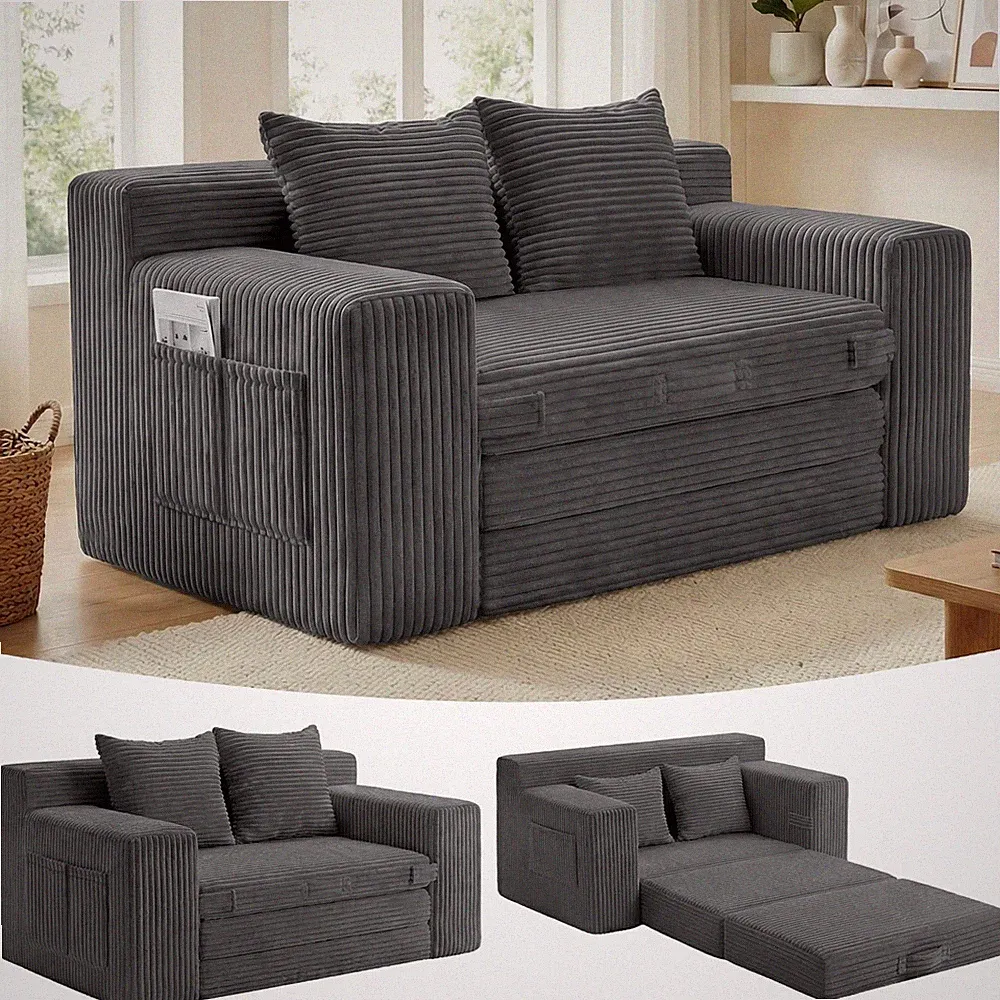 Convertible Sofa Bed 2 Seater Loveseat Pull Out Futon Couch w/Pockets Grey