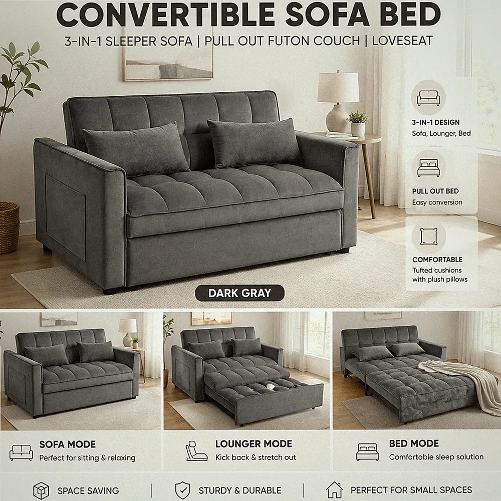 Convertible Sofa Bed 3-In-1 Sleeper Sofa Pull Out Futon Couch Loveseat Dark Gray