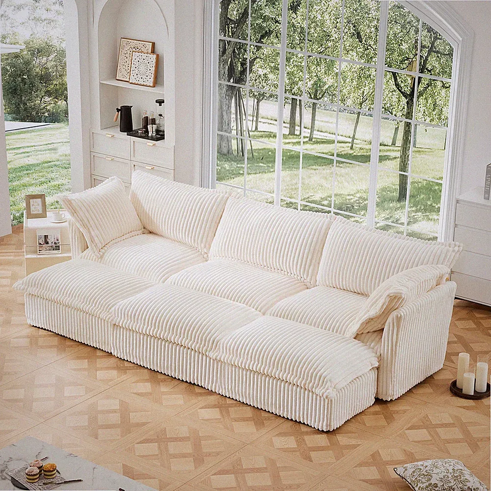 Convertible Sofa Bed 3-Seat Sectional w/ Ottomans, Cream Corduroy Fabric
