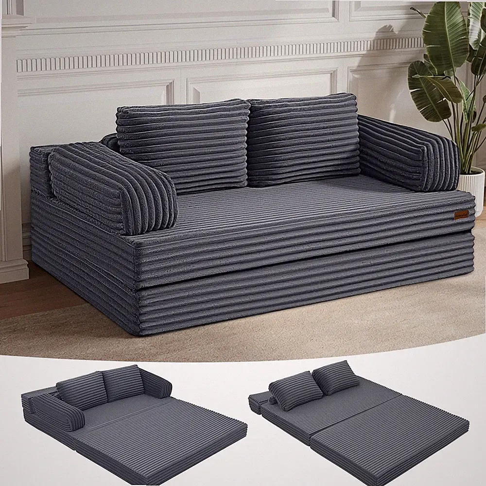 Convertible Sofa Bed, 59'' Loveseat Pull Out Couch with Corduroy Cover, Foldi...