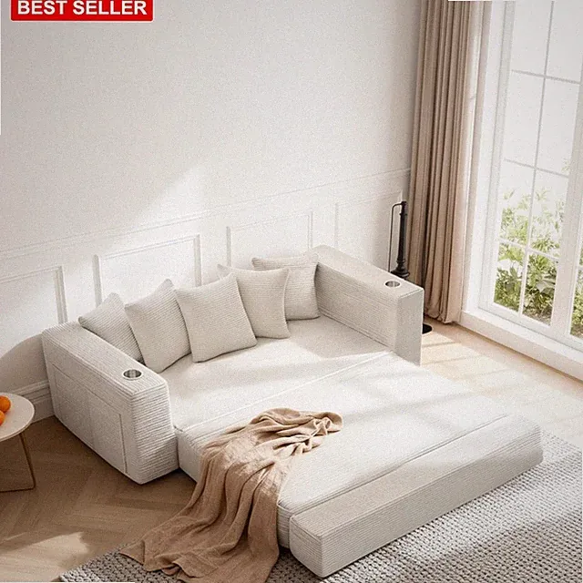 Convertible Sofa Bed 76 Inch Corduroy Plush Upholstery Removable Cushions