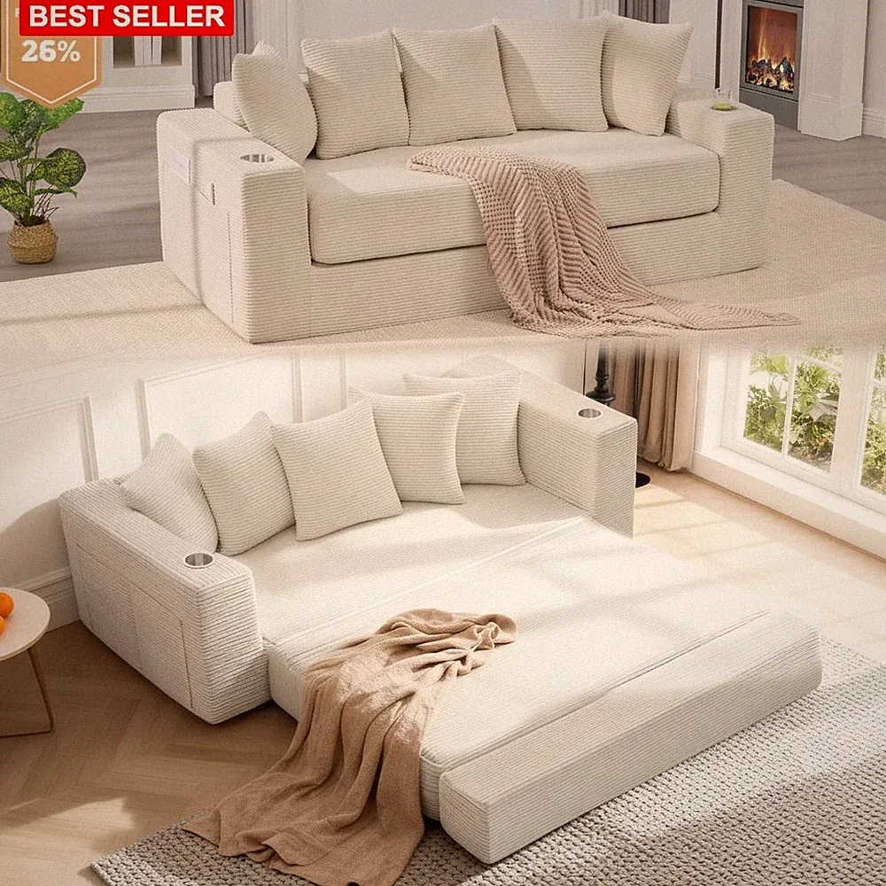 Convertible Sofa Bed 76 Inches Wide Corduroy Fabric Removable Cushions Lounge