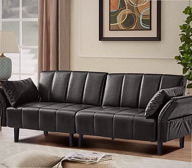 Convertible Sofa Bed Black Oil-Waxed Leather Lounge Couches Adjustable Back
