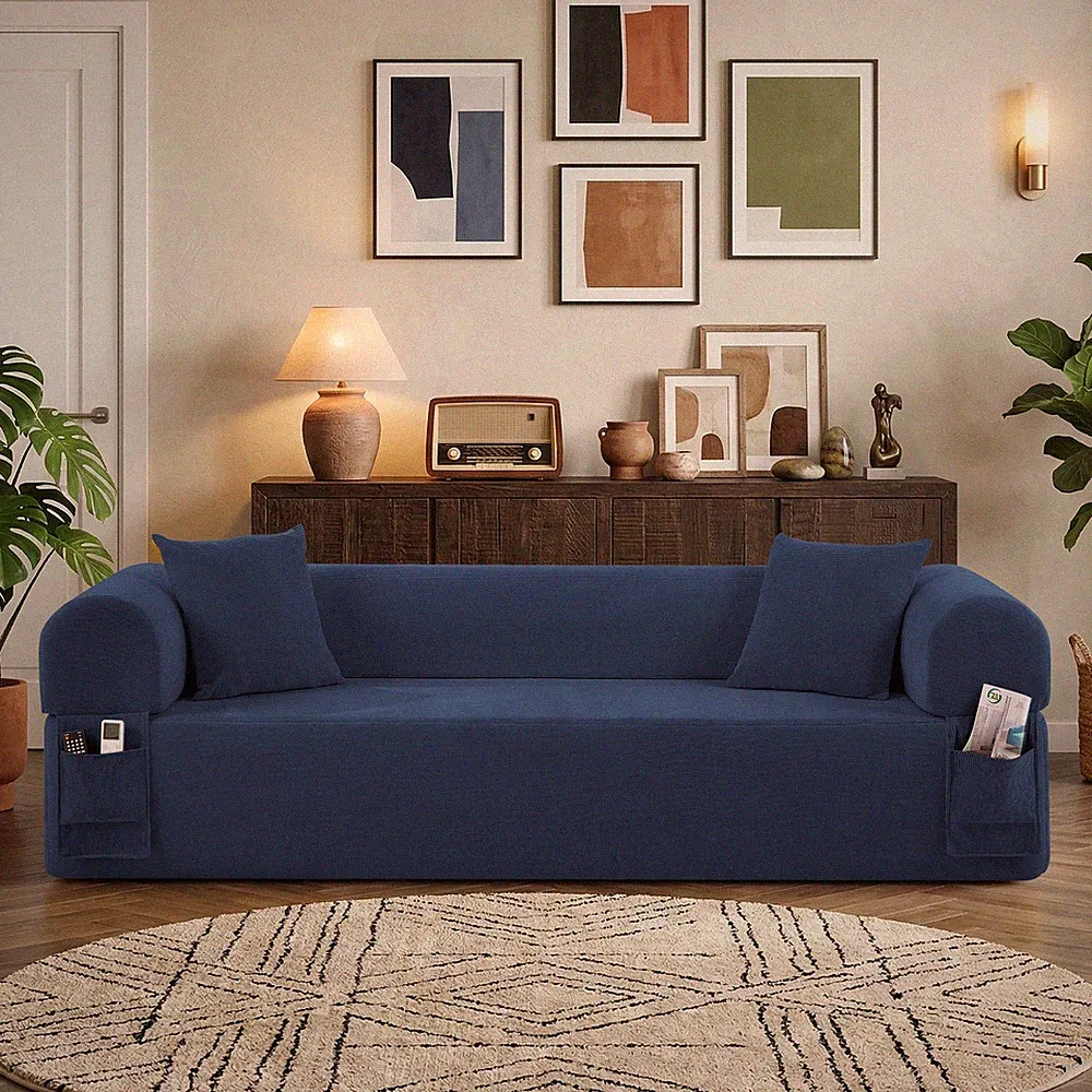 Convertible Sofa Bed ,Boneless Couch Corduroy Futon Sleeper Couch with 2 Pillows
