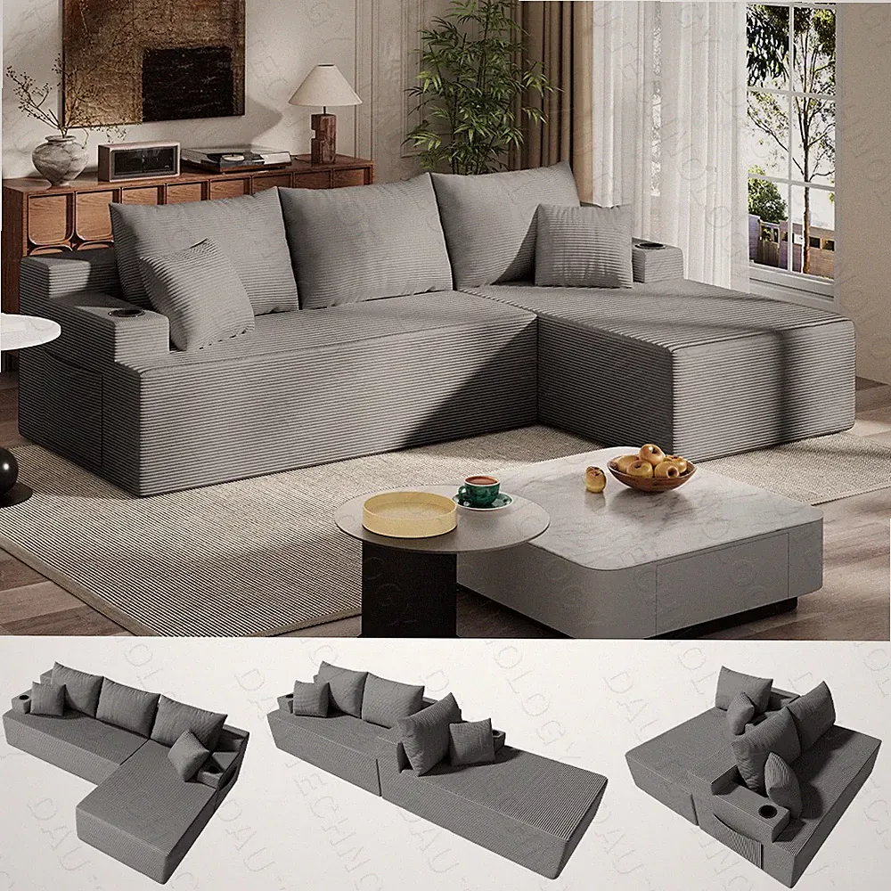 Convertible Sofa Bed ,Boneless Couch Corduroy Futon Sleeper Couch with 5 Pillows