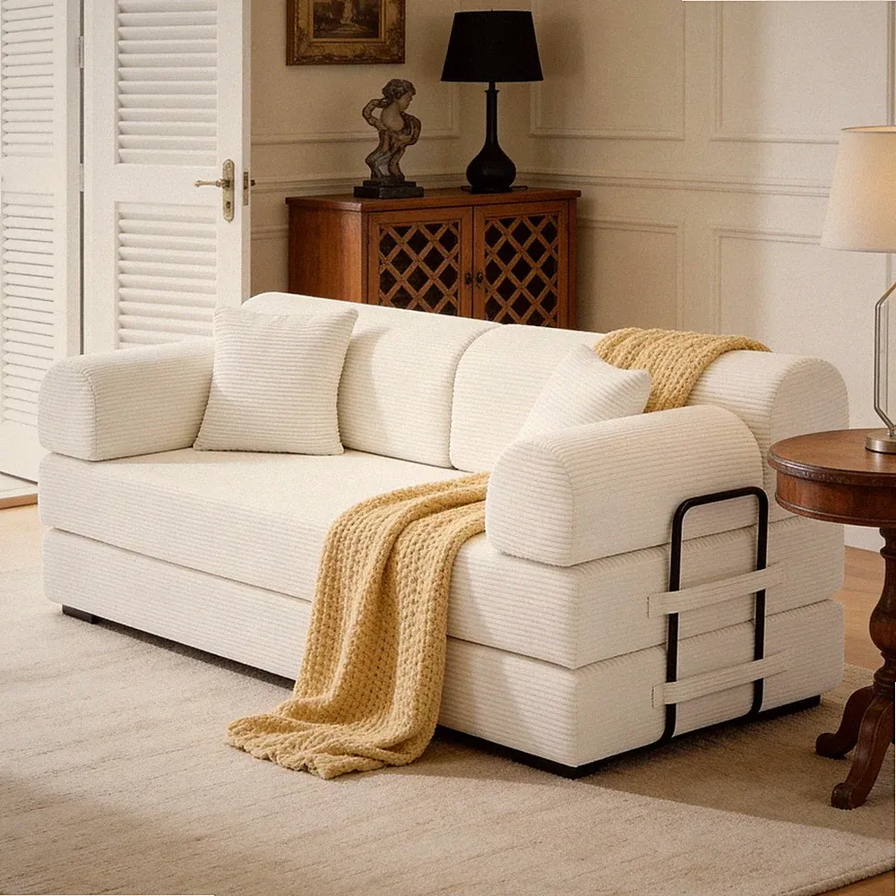 Convertible sofa bed, corduroy folding mattress, fixed frame, beige