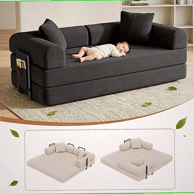 Convertible Sofa Bed Couch Sleeper Pull-Out Bed W/ Side Pockets & Hard Support