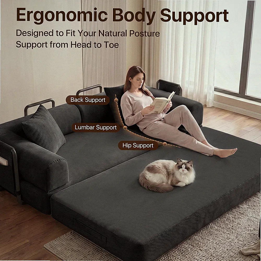 Convertible Sofa Bed Couch Sleeper Pull-Out Bed With Side Pockets Space-Saving