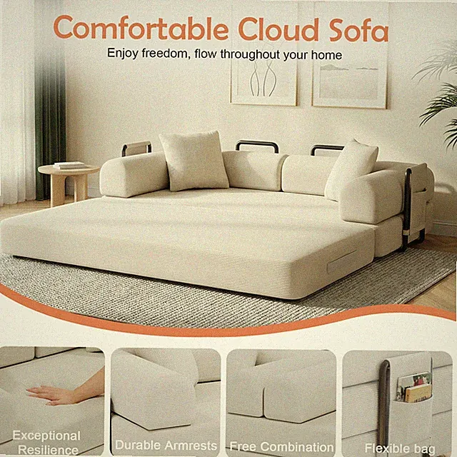 Convertible Sofa Bed Couch Sleeper Pull-Out Couch W/ Pockets & Support & Pillows