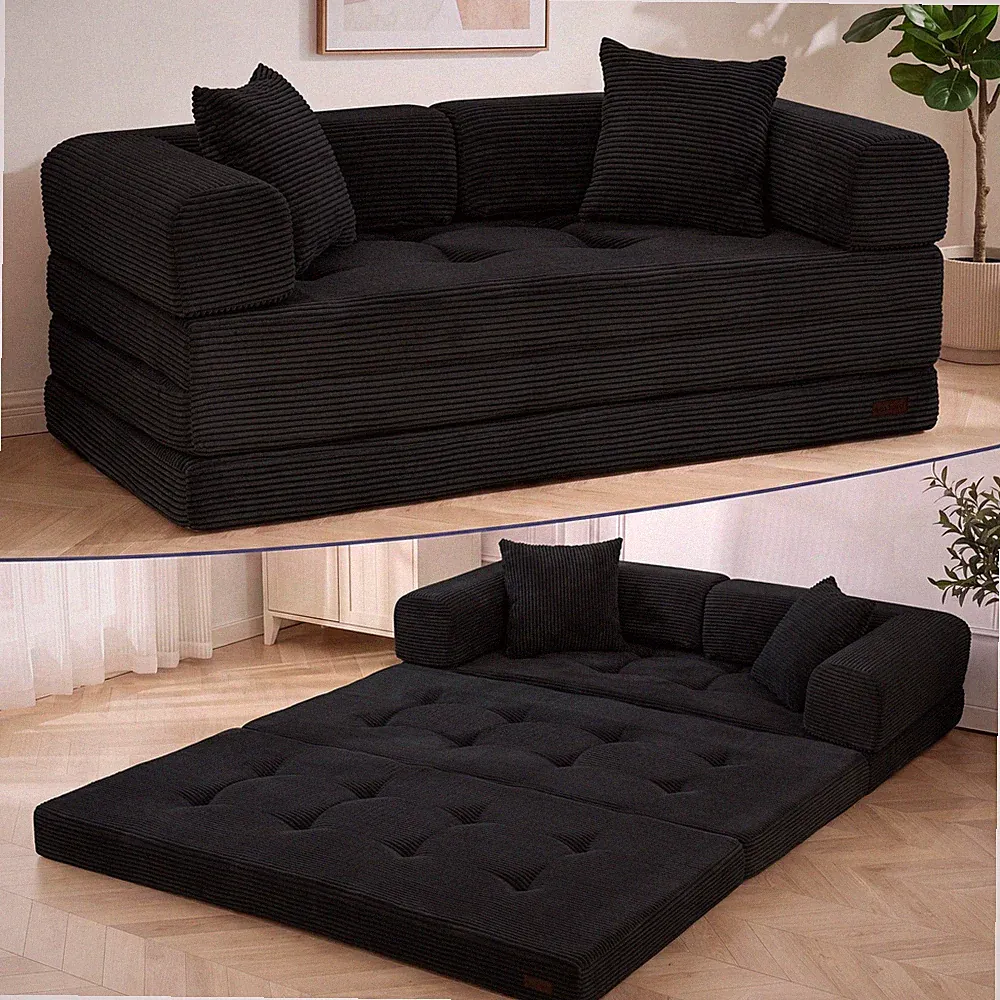 Convertible Sofa Bed Floor Couch Loveseat L-Shaped Backrest Black Tufted Fabric