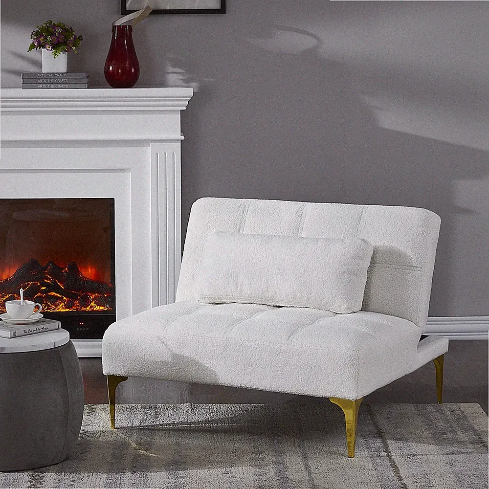 Convertible sofa bed futon with gold metal legs teddy fabric (White)