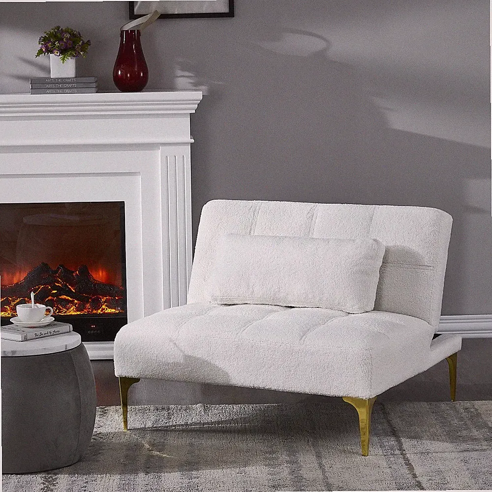 Convertible sofa bed futon with gold metal legs teddy fabric (White)