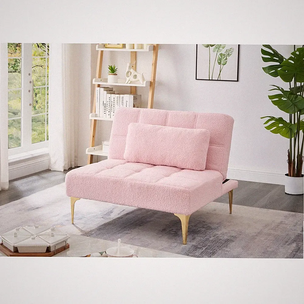 Convertible sofa bed futon with gold metal legs teddy fabric (White)