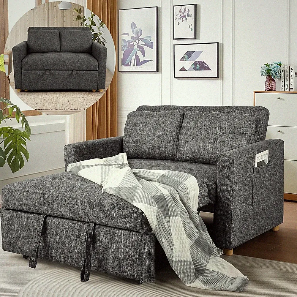 Convertible Sofa Bed, Linen Fabric Sleeper Couch Pull Out Bed 2-Seater Loveseat