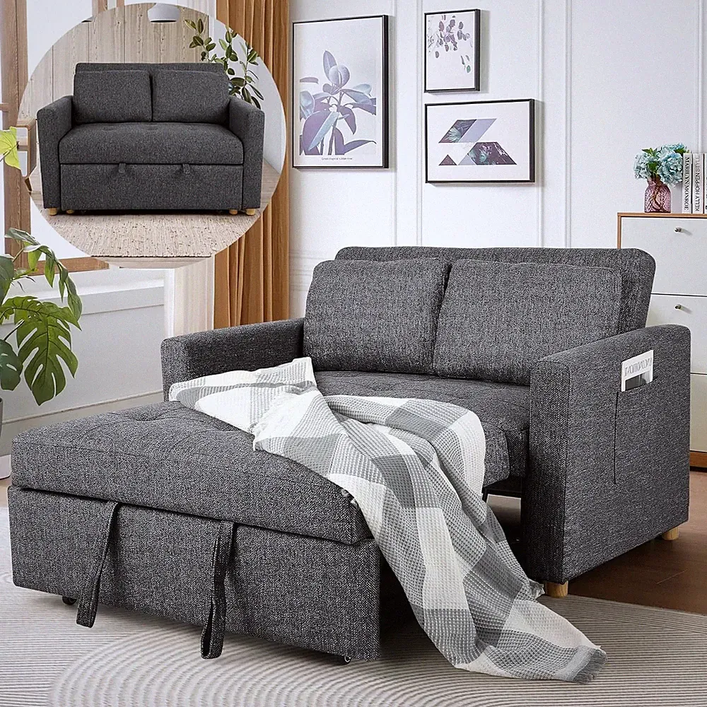 Convertible Sofa Bed, Linen Fabric Sleeper Couch Pull Out Bed 3-in-1 Loveseat