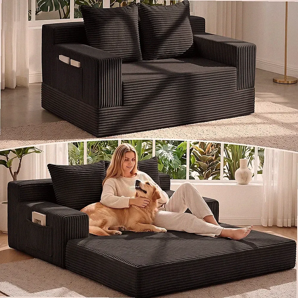 Convertible Sofa Bed & Loveseat, Luxe Corduroy Futon with Pillows, No Assembly