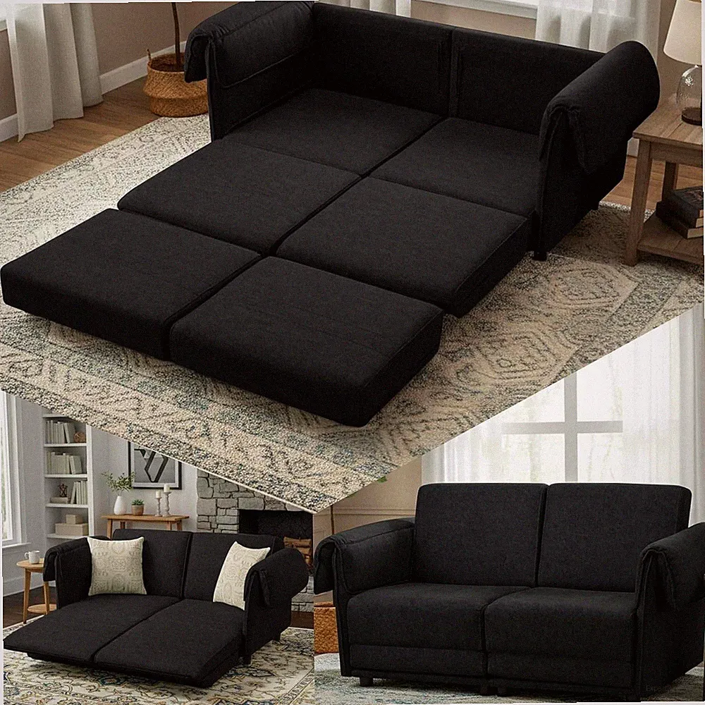 Convertible Sofa Bed Loveseat Queen Sleeper Black 2-in-1 Space Saving Easy Clean