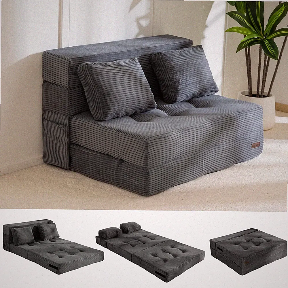 Convertible Sofa Bed Twin Dark Grey Fold Out Couch 4-in-1 Floor Chaise Recliner