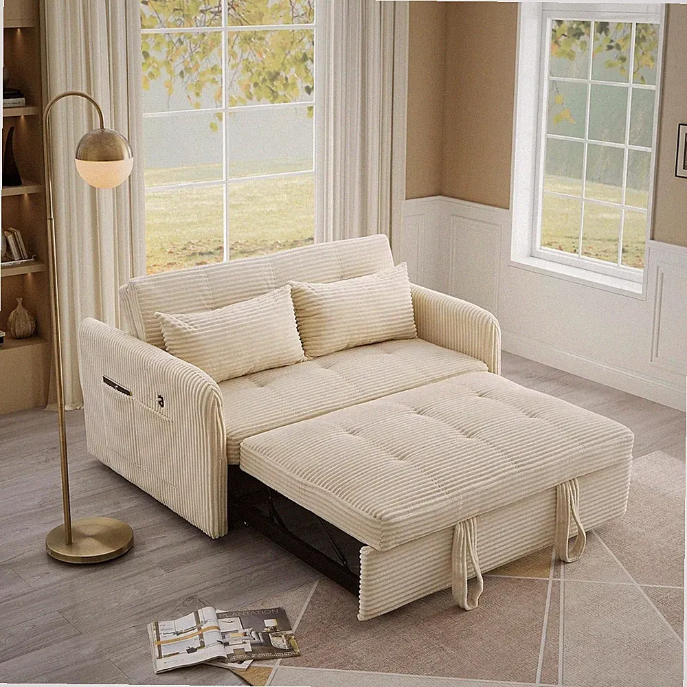 Convertible Sofa Bed W/ Cup Holder Pull Out Sleeper Sofa Bed USB Charger Ports