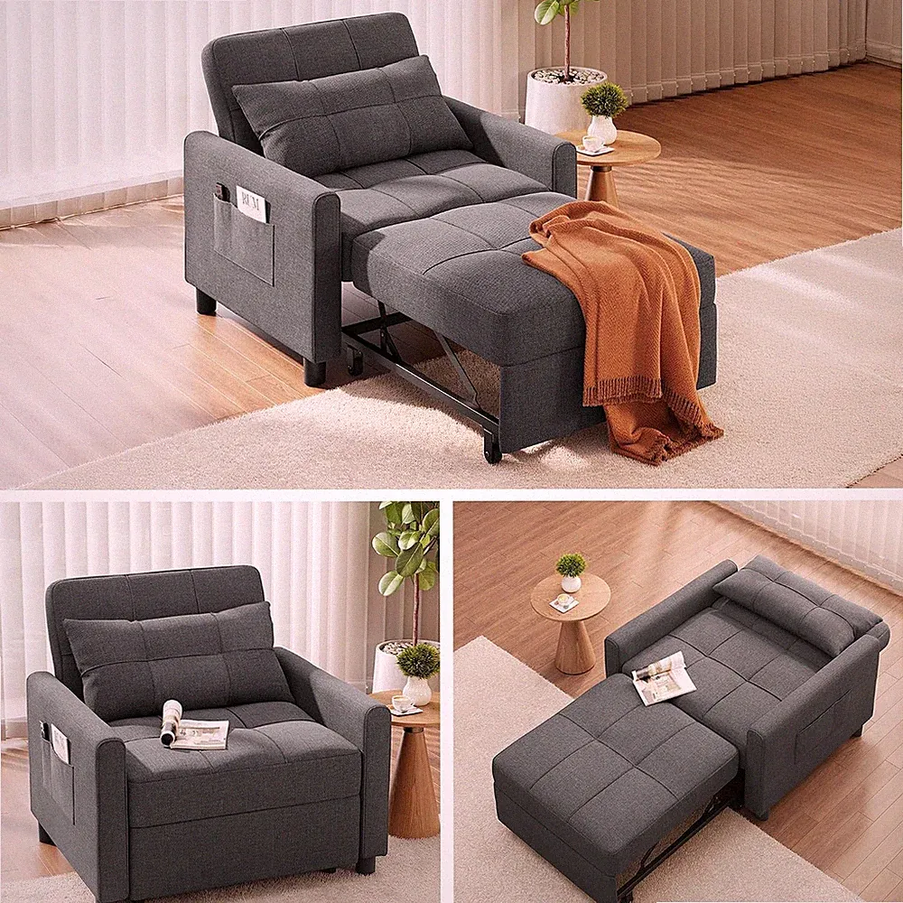 Convertible Sofa Chair Bed, 3-in-1 Linen Pull Out Chair, Dark Gray