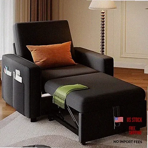 Convertible Sofa Chair Bed, 3-in-1 Sleeper Sofa with Pull-Out Bed, Linen Black