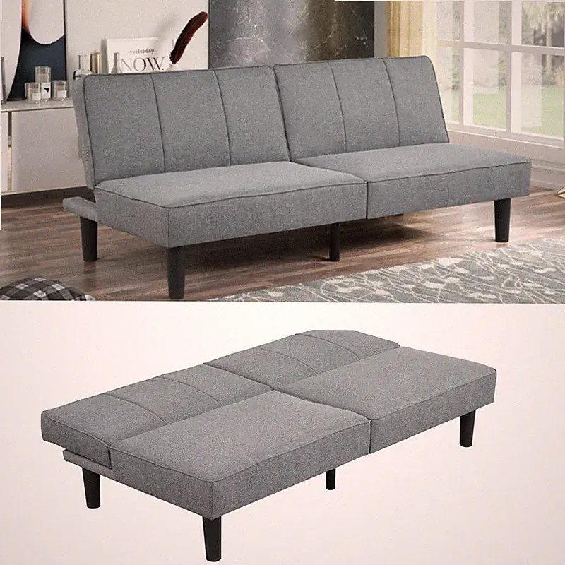 Convertible Studio Futon, Gray Linen Upholstery, Foldable Sofa Bed Lounger NEW!