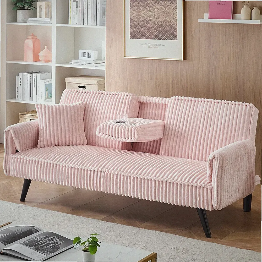 Convertible Tufted Futon Sleeper Plush Pink Corduroy Sofa Bed Cupholders Pillow