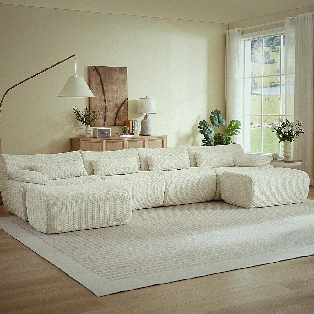 Convertible U-Shape Sectional Sofa, 6-Seat with Ottoman, Cream Corduroy
