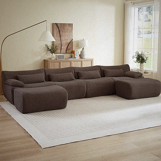 Convertible U-Shape Sectional Sofa with Movable Ottoman Corduroy Brown