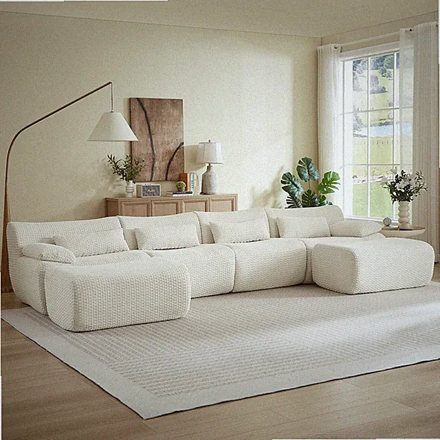 Convertible U-Shape Sectional Sofa with Movable Ottoman Corduroy Cream