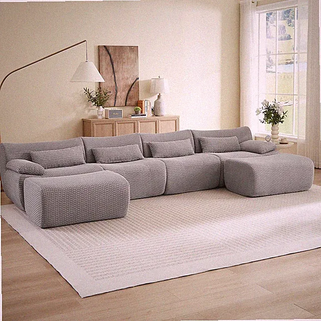 Convertible U-Shape Sectional Sofa with Movable Ottoman Corduroy Gray