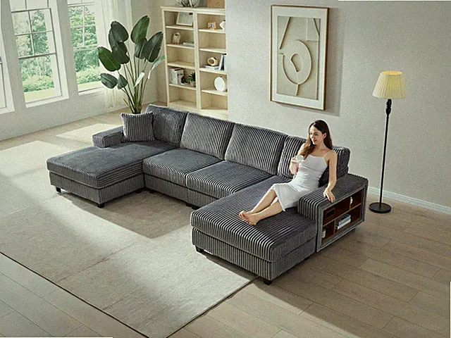 Convertible U-shaped Combination Sofa, Corduroy Fabric, Modern Comfortable Large