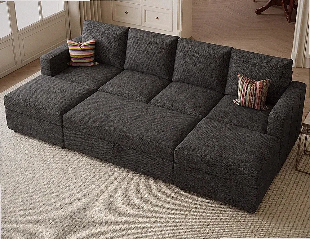 Convertible U-Shaped Dark Grey Sleeper Sofa Bed Sectional Couch