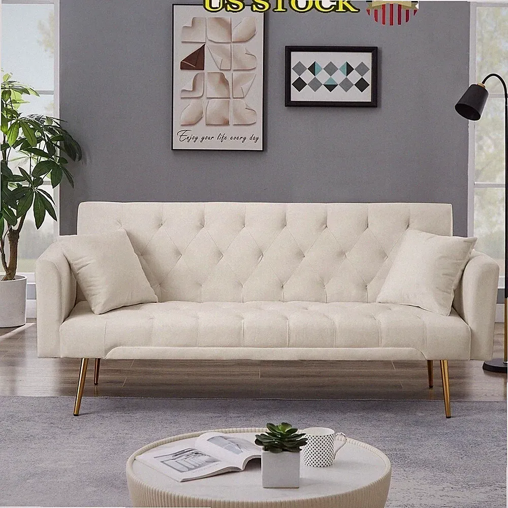 Convertible Velvet Futon Sofa Bed W/ 2 Pillows Adjustable Backrest Gold Legs New