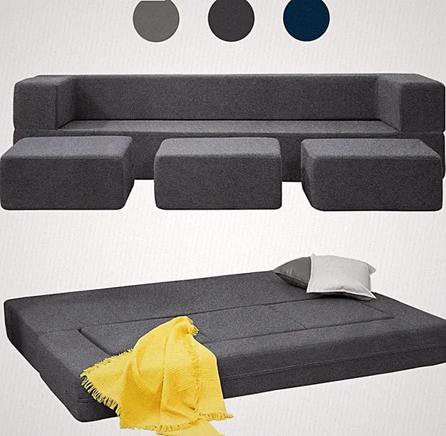 Convertible Velvet Futon Sofa Bed with 3 Ottomans, Memory Foam Fold Out Couch