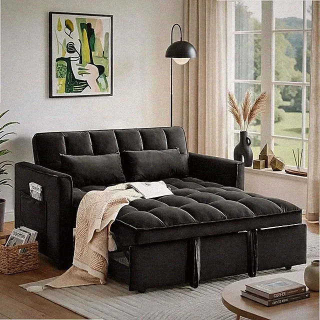 Convertible Velvet Sleeper Sofa Bed with Side Pockets - Black