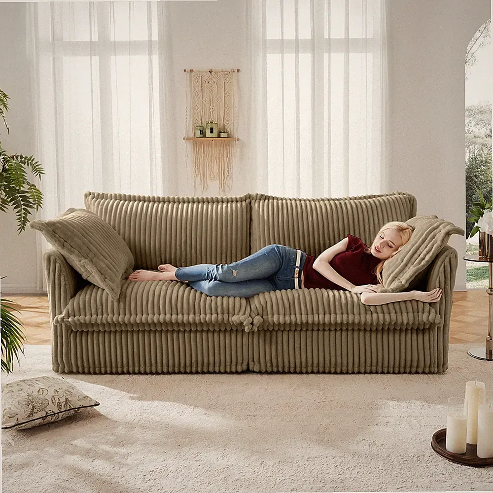 Corduroy 2-Seat Sofa, Removable Cover, Deep Seat, Camel Brown, for Apartment