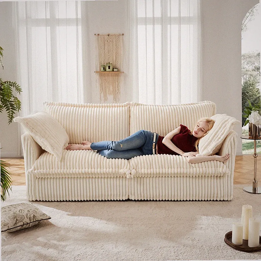 Corduroy 2-Seat Sofa w/ Removable Cover, Deep Seat for Small Space, Cream