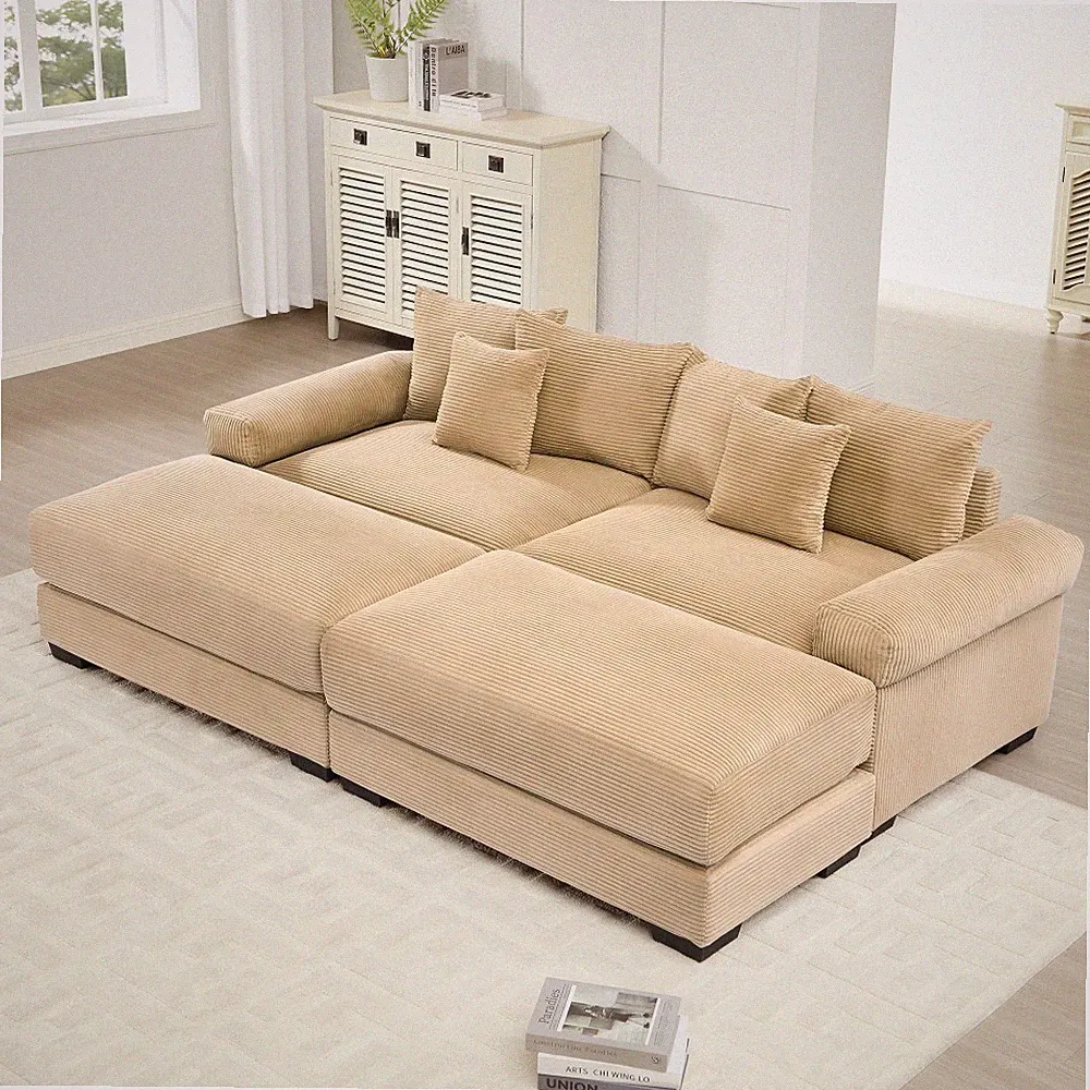 Corduroy Camel Cloud Sectional Sofa w/ 2 Ottomans, Ergonomic