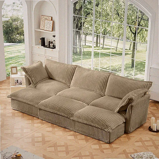Corduroy Camel Convertible Sleeper Sofa Bed w/ 3 Ottomans, Oversized 3 Seater